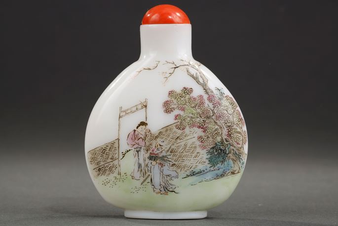 Enamelled glass snuff bottle on white background of characters in landscapes | MasterArt